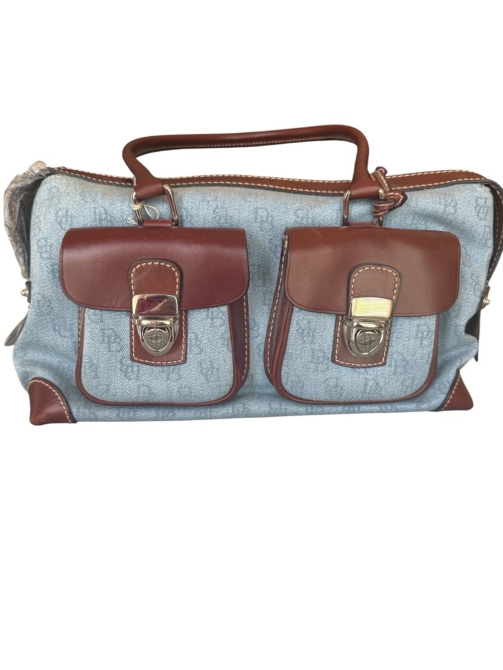 Dooney & Bourke NWT Double Pocket Tote Blue Denim and Brown Leather Bag